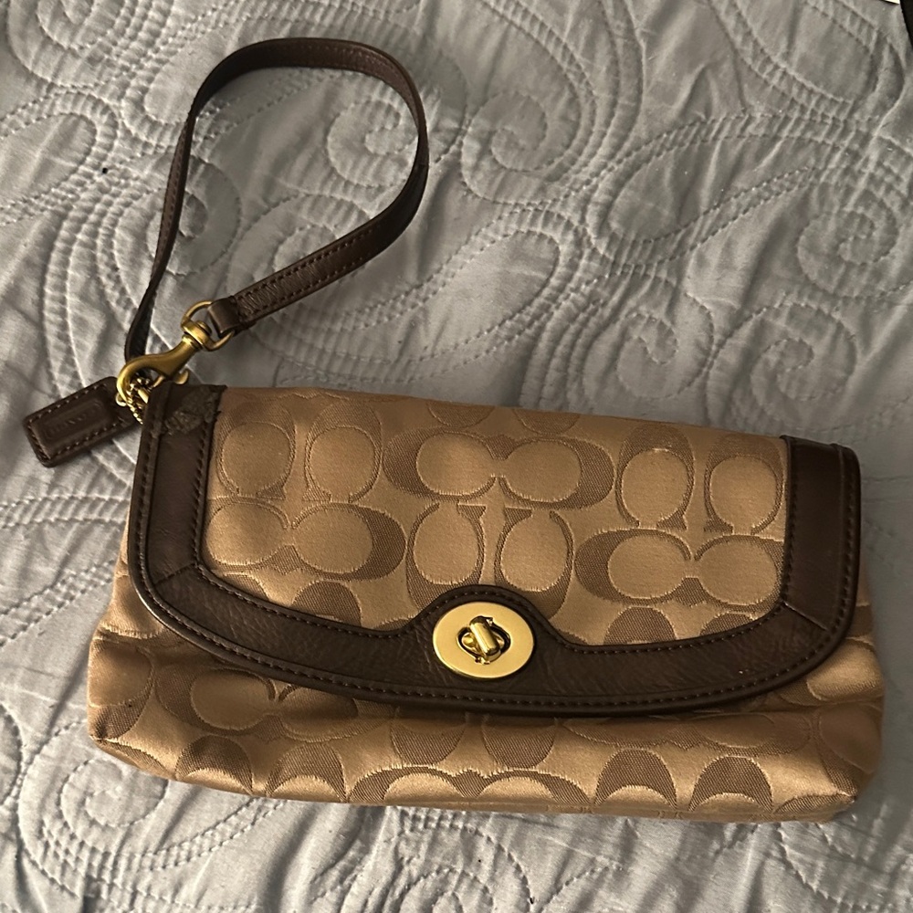 Coach Gold Signature Turnlock Wristlet with Brown Trim